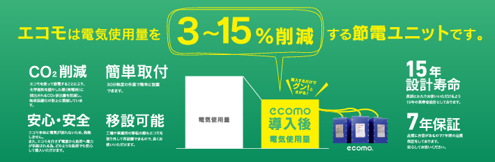 エコモは電気使用量を3～15%削減する節電ユニットです。CO2削減 簡単取付 安心・安全 移動可能 15年設計寿命 7年保証