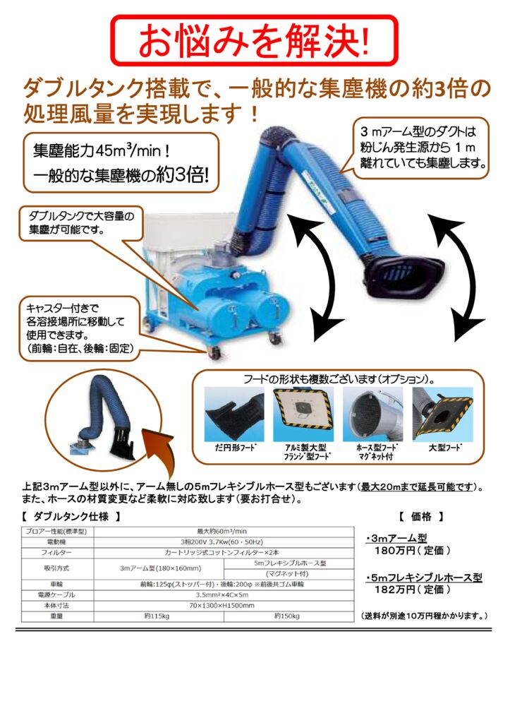 ダブルタンク搭載で、一般的な集塵機の約3倍の処理風量を実現します!