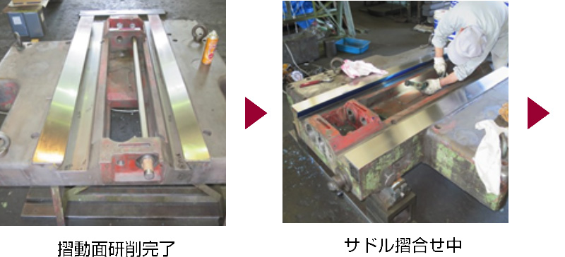 3.摺動面研削完了 4.サドル摺合せ中